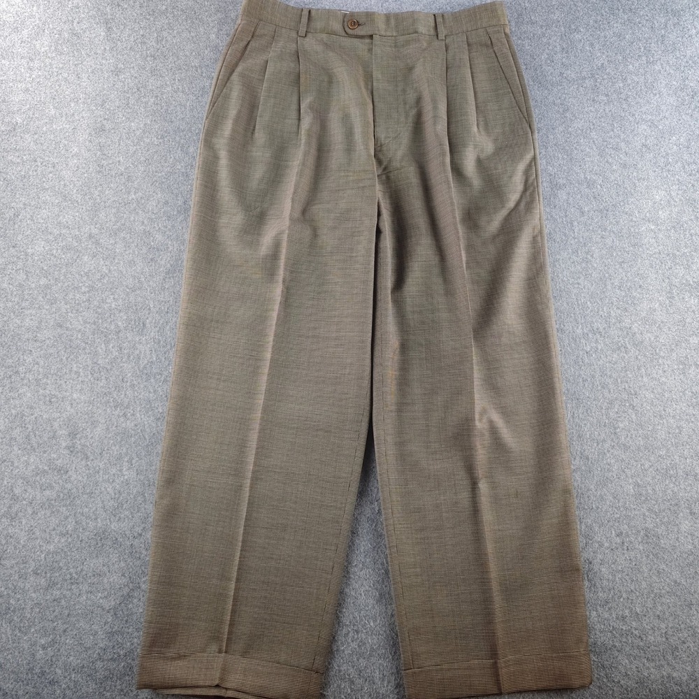 Zanella Austin Pleated Dress Pants Mens 33x28 Brown Houndstooth Cuffed Trousers
